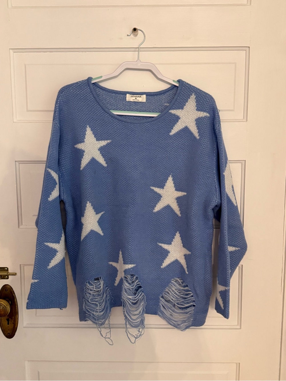 Light Blue Star Knit Sweater with Distressed Hem